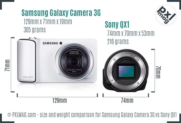 Samsung Galaxy Camera 3G vs Sony QX1 size comparison