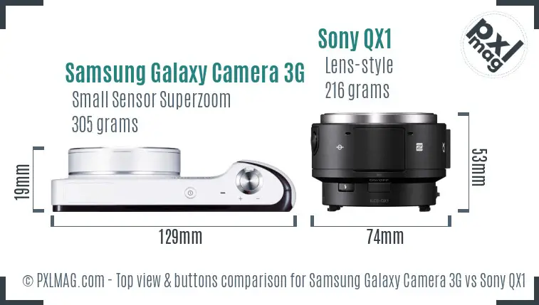 Samsung Galaxy Camera 3G vs Sony QX1 top view buttons comparison