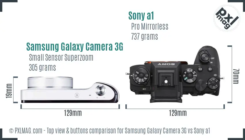 Samsung Galaxy Camera 3G vs Sony a1 top view buttons comparison