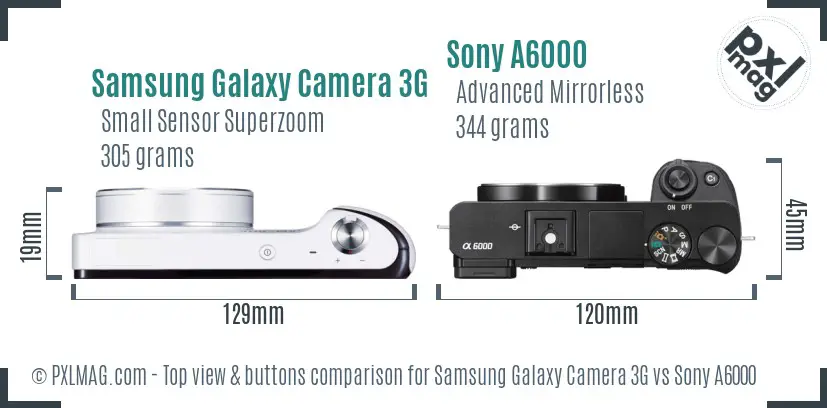 Samsung Galaxy Camera 3G vs Sony A6000 top view buttons comparison
