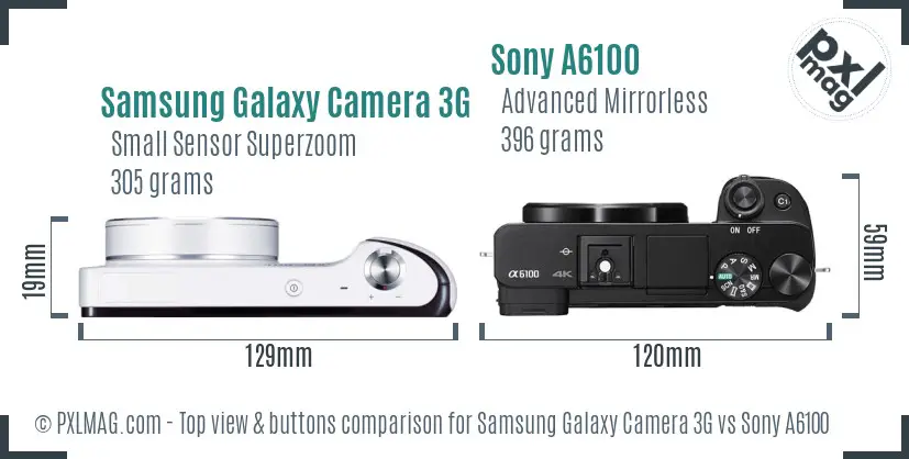 Samsung Galaxy Camera 3G vs Sony A6100 top view buttons comparison