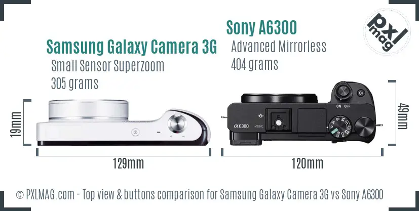 Samsung Galaxy Camera 3G vs Sony A6300 top view buttons comparison