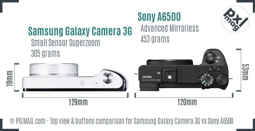 Samsung Galaxy Camera 3G vs Sony A6500 top view buttons comparison