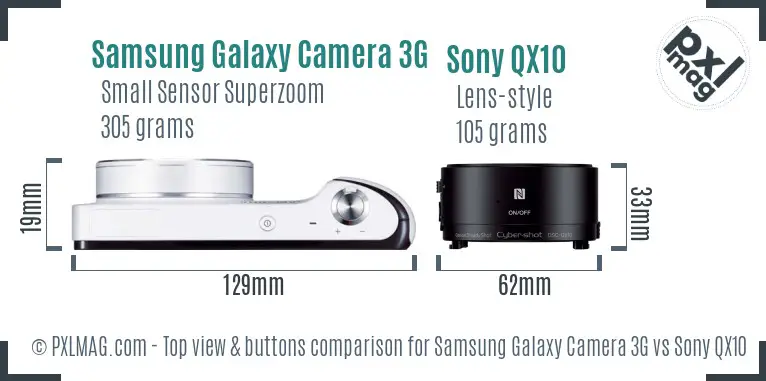 Samsung Galaxy Camera 3G vs Sony QX10 top view buttons comparison