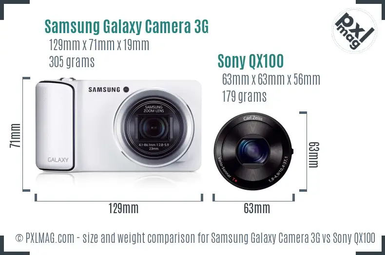 Samsung Galaxy Camera 3G vs Sony QX100 size comparison