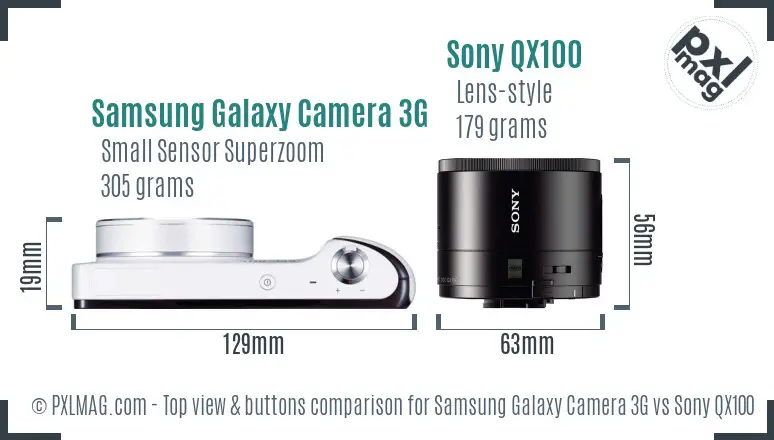 Samsung Galaxy Camera 3G vs Sony QX100 top view buttons comparison