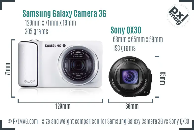 Samsung Galaxy Camera 3G vs Sony QX30 size comparison