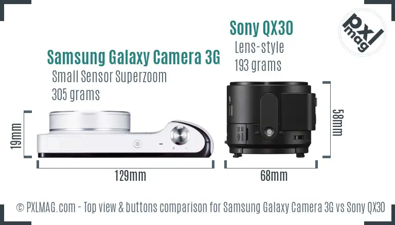 Samsung Galaxy Camera 3G vs Sony QX30 top view buttons comparison