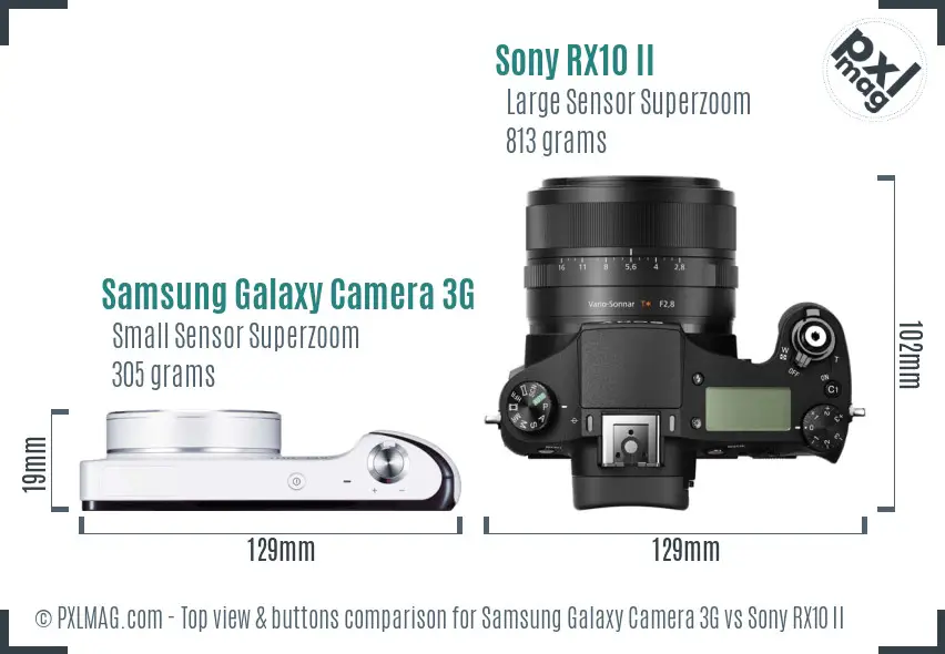 Samsung Galaxy Camera 3G vs Sony RX10 II top view buttons comparison