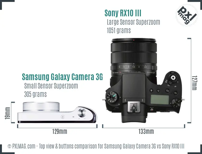 Samsung Galaxy Camera 3G vs Sony RX10 III top view buttons comparison