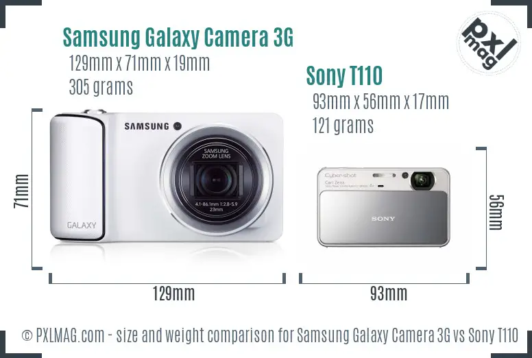 Samsung Galaxy Camera 3G vs Sony T110 size comparison
