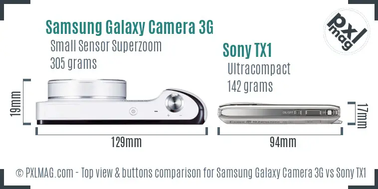 Samsung Galaxy Camera 3G vs Sony TX1 top view buttons comparison