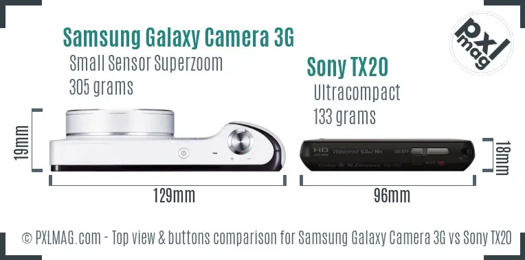 Samsung Galaxy Camera 3G vs Sony TX20 top view buttons comparison