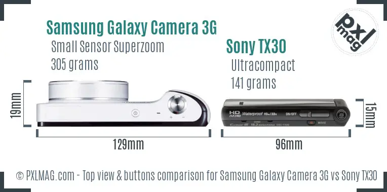 Samsung Galaxy Camera 3G vs Sony TX30 top view buttons comparison