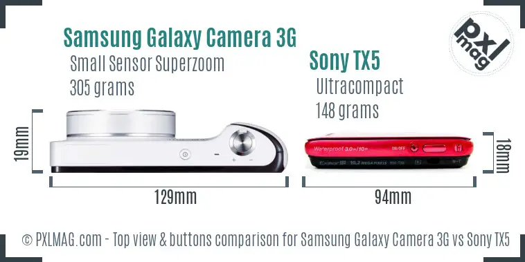 Samsung Galaxy Camera 3G vs Sony TX5 top view buttons comparison