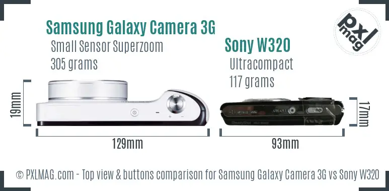 Samsung Galaxy Camera 3G vs Sony W320 top view buttons comparison