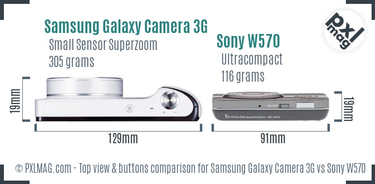 Samsung Galaxy Camera 3G vs Sony W570 top view buttons comparison