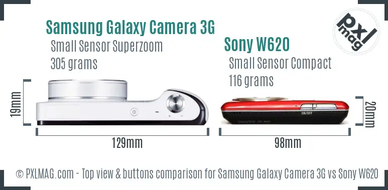 Samsung Galaxy Camera 3G vs Sony W620 top view buttons comparison