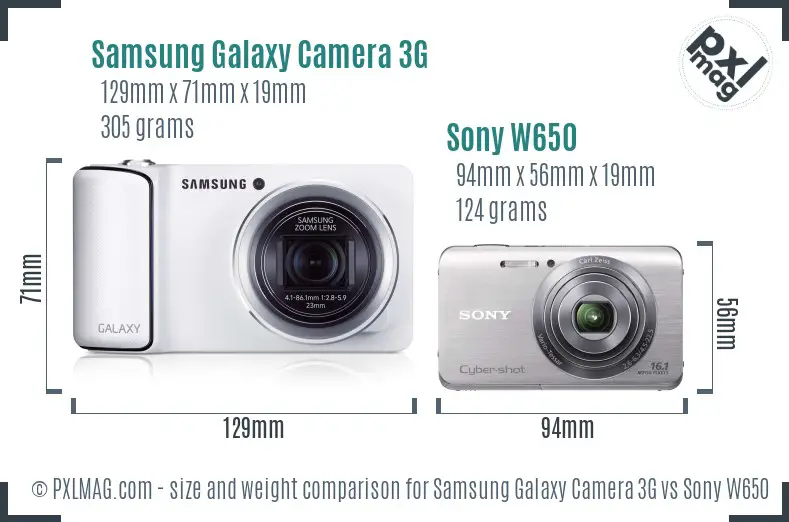 Samsung Galaxy Camera 3G vs Sony W650 size comparison