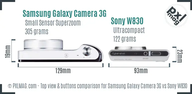 Samsung Galaxy Camera 3G vs Sony W830 top view buttons comparison