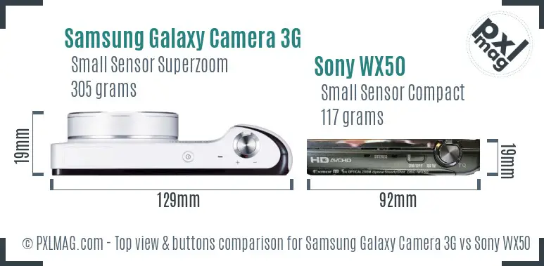 Samsung Galaxy Camera 3G vs Sony WX50 top view buttons comparison