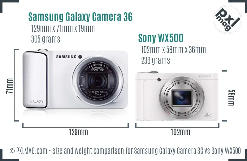 Samsung Galaxy Camera 3G vs Sony WX500 size comparison