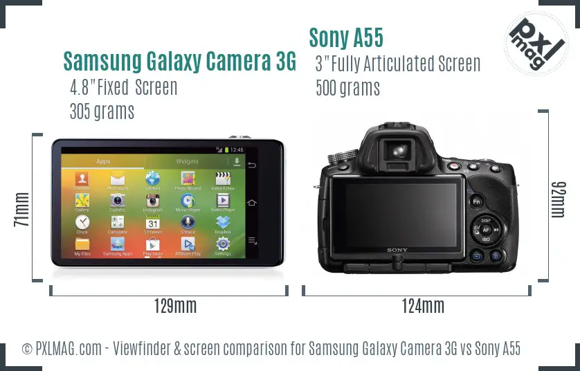 Samsung Galaxy Camera 3G vs Sony A55 Screen and Viewfinder comparison