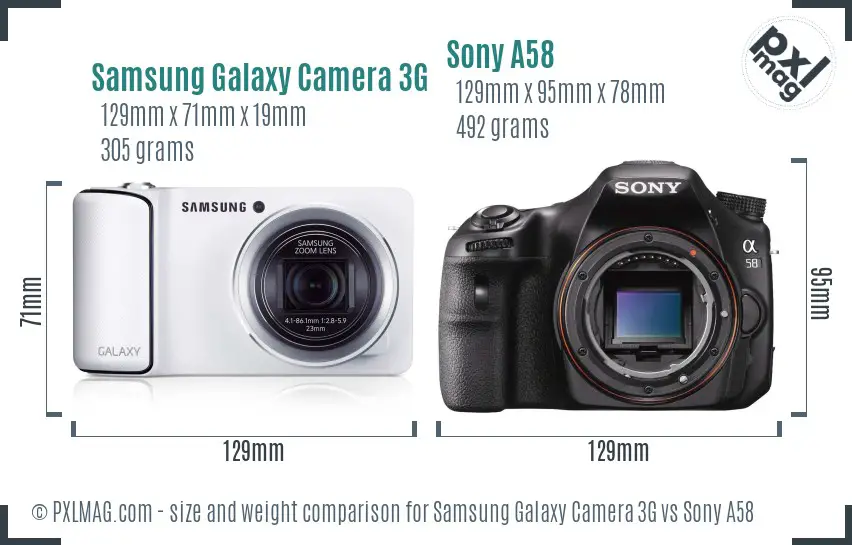 Samsung Galaxy Camera 3G vs Sony A58 size comparison