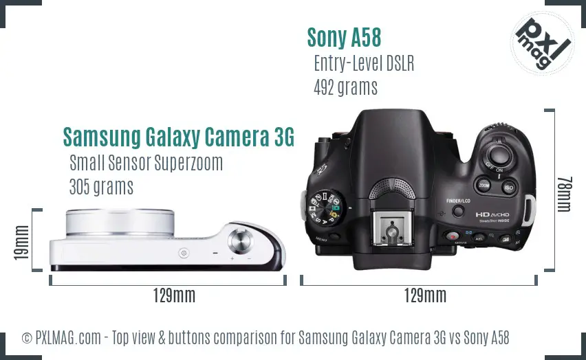 Samsung Galaxy Camera 3G vs Sony A58 top view buttons comparison