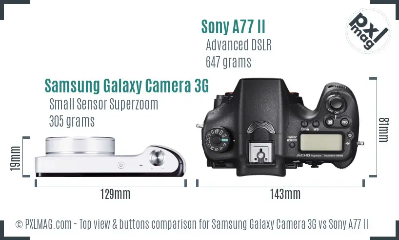 Samsung Galaxy Camera 3G vs Sony A77 II top view buttons comparison
