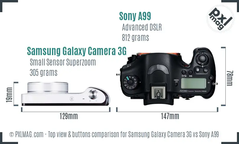 Samsung Galaxy Camera 3G vs Sony A99 top view buttons comparison
