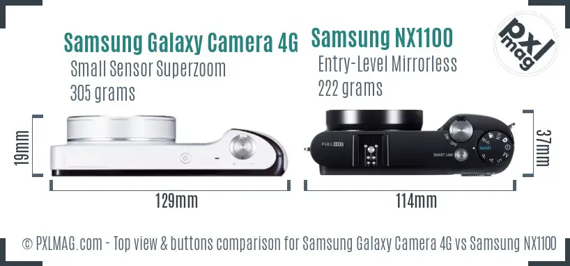 Samsung Galaxy Camera 4G vs Samsung NX1100 top view buttons comparison