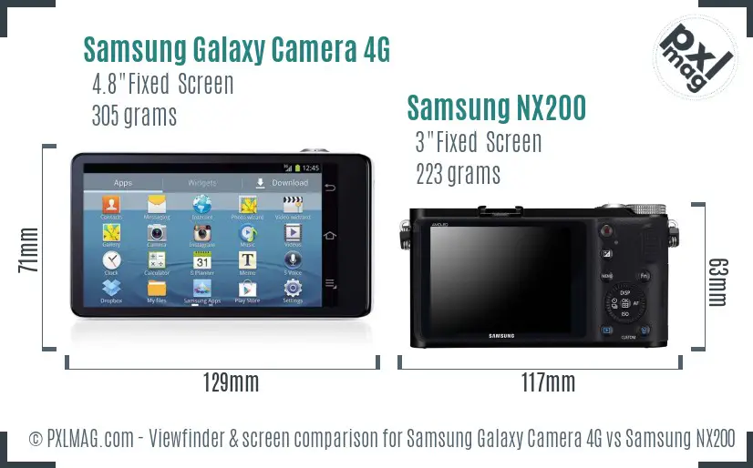 Samsung Galaxy Camera 4G vs Samsung NX200 Screen and Viewfinder comparison