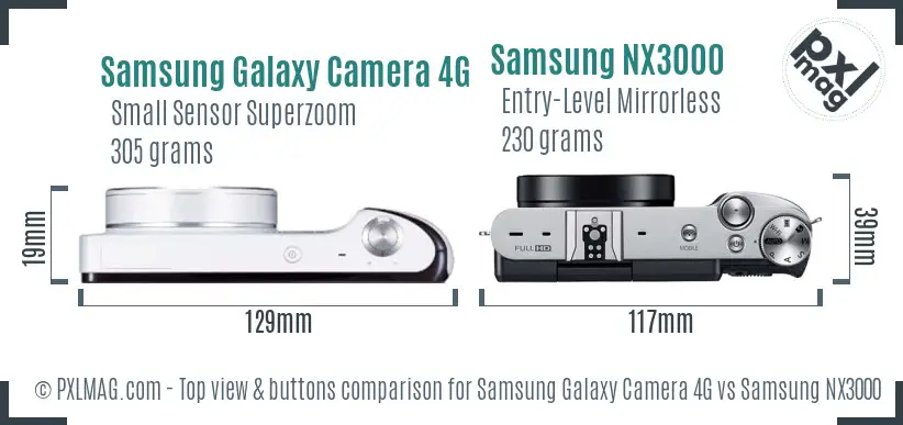 Samsung Galaxy Camera 4G vs Samsung NX3000 top view buttons comparison