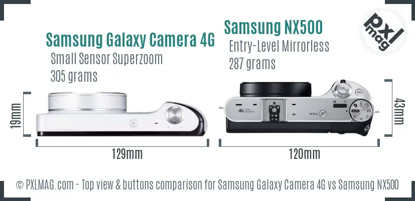 Samsung Galaxy Camera 4G vs Samsung NX500 top view buttons comparison