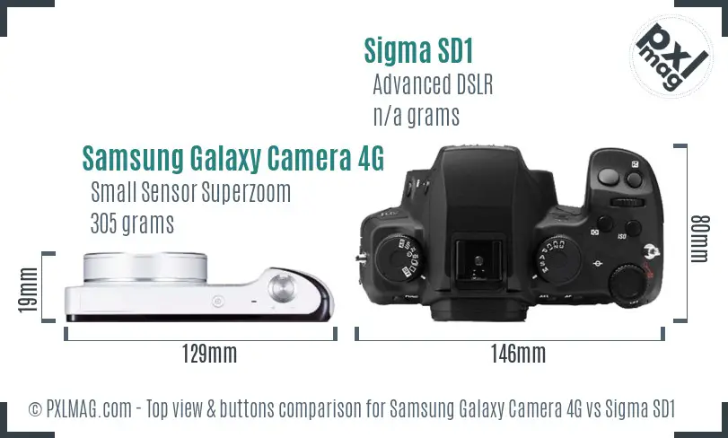 Samsung Galaxy Camera 4G vs Sigma SD1 top view buttons comparison