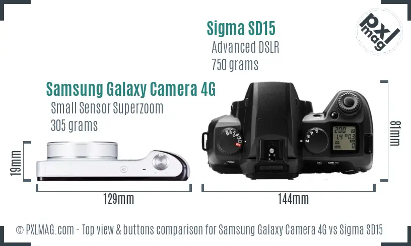 Samsung Galaxy Camera 4G vs Sigma SD15 top view buttons comparison