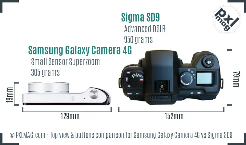 Samsung Galaxy Camera 4G vs Sigma SD9 top view buttons comparison