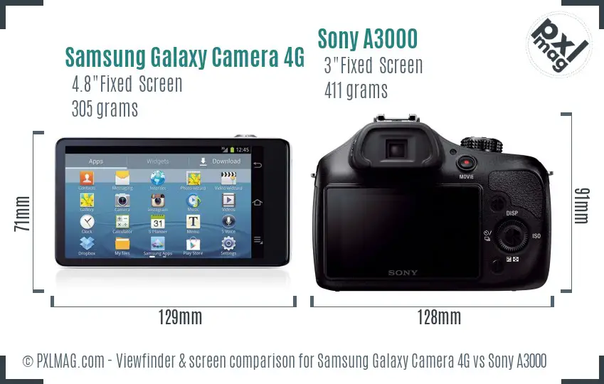 Samsung Galaxy Camera 4G vs Sony A3000 Screen and Viewfinder comparison