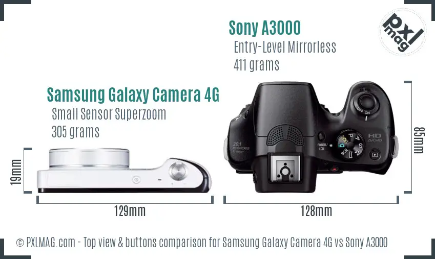 Samsung Galaxy Camera 4G vs Sony A3000 top view buttons comparison