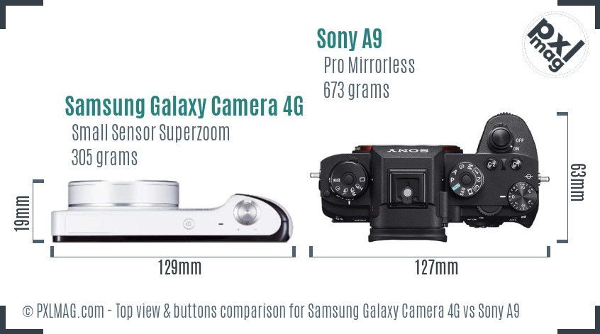 Samsung Galaxy Camera 4G vs Sony A9 top view buttons comparison