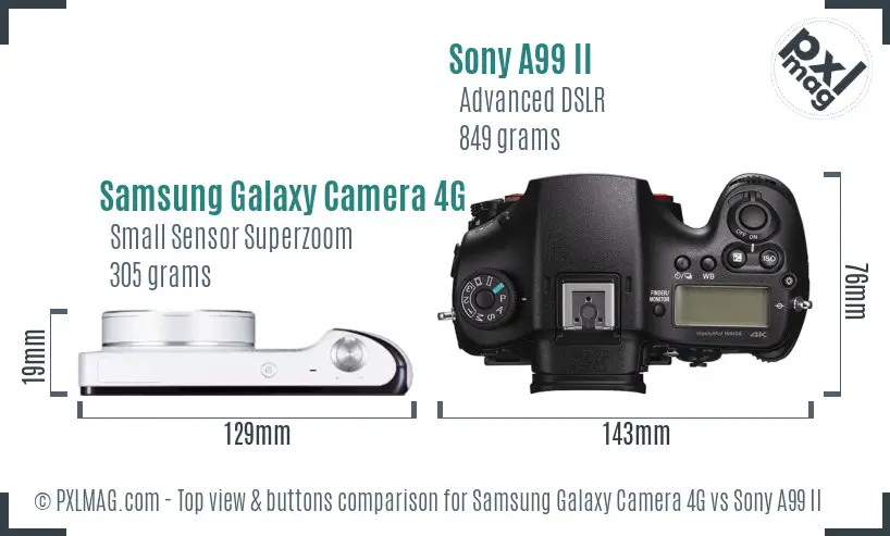 Samsung Galaxy Camera 4G vs Sony A99 II top view buttons comparison