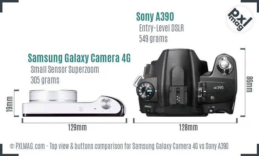 Samsung Galaxy Camera 4G vs Sony A390 top view buttons comparison