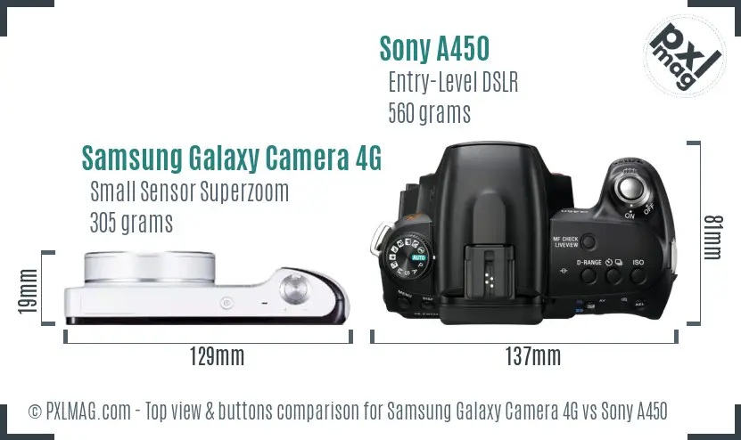 Samsung Galaxy Camera 4G vs Sony A450 top view buttons comparison