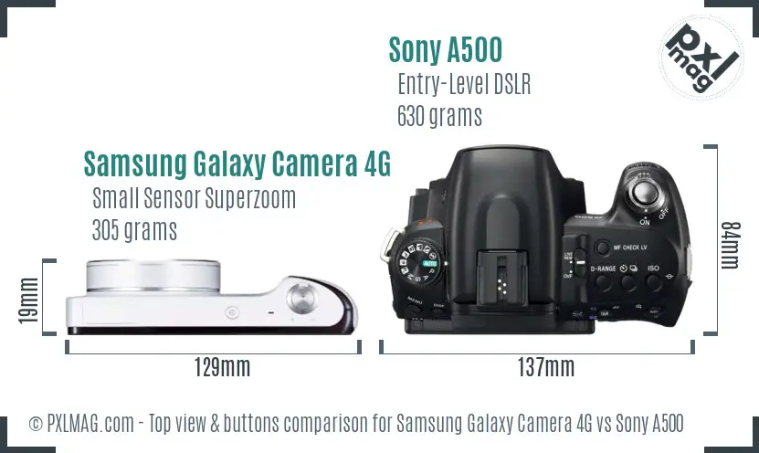 Samsung Galaxy Camera 4G vs Sony A500 top view buttons comparison