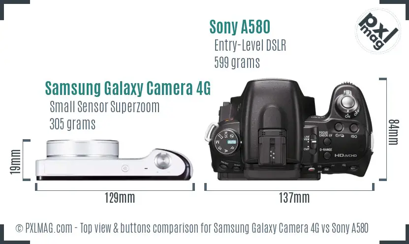 Samsung Galaxy Camera 4G vs Sony A580 top view buttons comparison