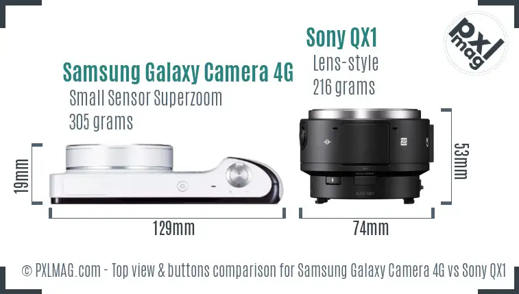 Samsung Galaxy Camera 4G vs Sony QX1 top view buttons comparison