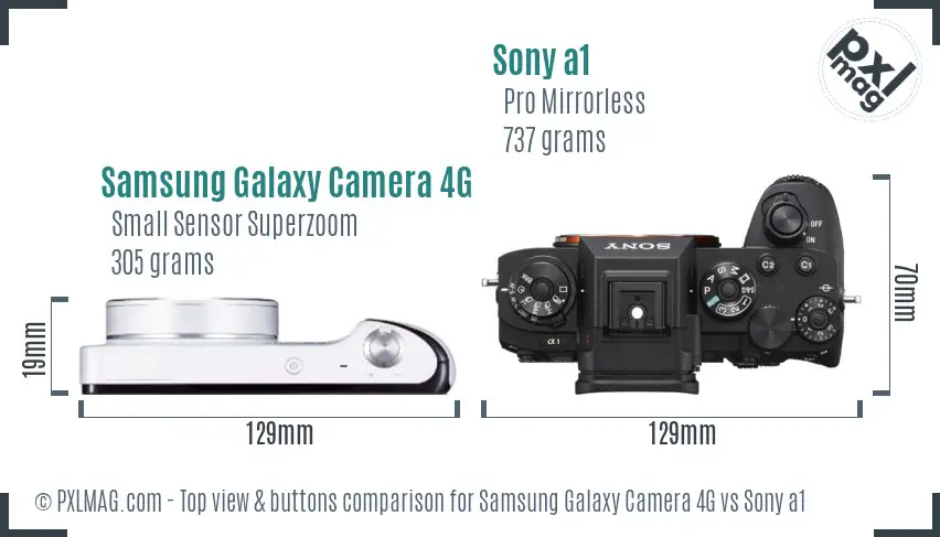Samsung Galaxy Camera 4G vs Sony a1 top view buttons comparison