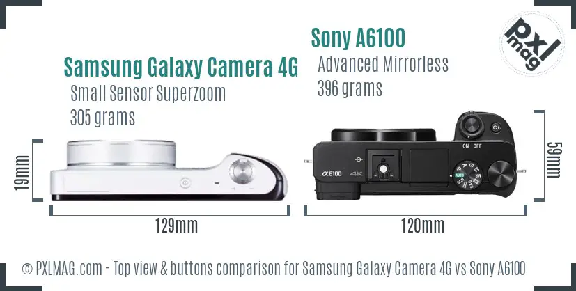 Samsung Galaxy Camera 4G vs Sony A6100 top view buttons comparison