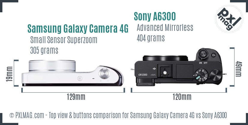 Samsung Galaxy Camera 4G vs Sony A6300 top view buttons comparison